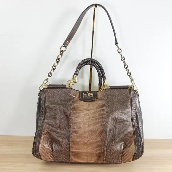 VINTAGE Coach Bag Brown Leather Shoulder Lizard Chain RARE 70TH ANNIVERSARY - Picture 1 of 16